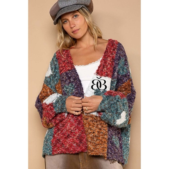 POL Checkerboard Heart Patterned Oversized Cardigan in Red Brick Multi - Picture 8 of 8